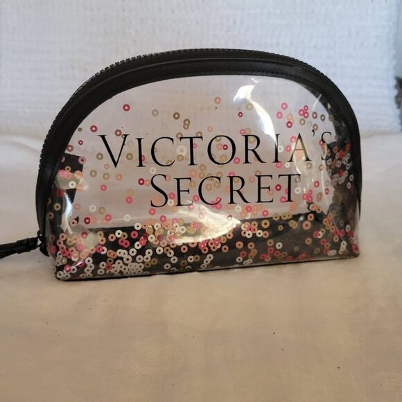 Victoria's Secret Cosmetic Bag Makeup Clear zippered w/sequins Logo black trim - Picture 1 of 6